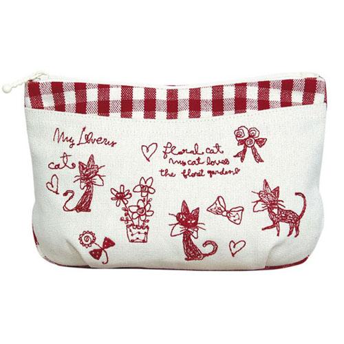 ノアファミリー ギンガムキャット タックポーチ レッド ねこ 猫 ネコ柄【メール便対応】