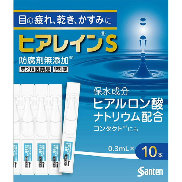 商品特徴 ●ヒアレインSミニ点眼は目の症状の原因の一つであるうるおい不足などからくる「目の疲れ、乾き、かすみ」を改善する目薬です。目の酷使や乾燥などによって涙が不安定になると、様々な目の症状を引き起こします。本製品に含まれる有効成分「ヒアルロン酸ナトリウム」は、高い保水力で目にうるおいを与え、「目の疲れ、乾き、かすみ」に効きます。 ●防腐剤無添加※ ※防腐剤(ベンザルコニウム塩化物など)は配合していません。 ●ヒアレインSミニ点眼はカラーコンタクトレンズをのぞく、すべてのコンタクトレンズ装着中に使えます。 ・ソフト ・O2 ・ハード ・使い捨て(ディスポーザブル) ●コンタクトレンズを装着していない方もご使用いただけます。 ※ソフトコンタクトレンズを装着したままでは使用できない目薬もありますので、外箱や添付文書をよく確認しましょう。 ※商品リニューアル等によりパッケージ及び容量等は変更となる場合があります。ご了承ください。 効能・効果 目の次の症状の緩和：乾き、異物感(コロコロ・チクチクする感じ)、疲れ、かすみ、ソフトコンタクトレンズまたはハードコンタクトレンズを装着しているときの不快感 用法・用量 1回1滴、1日5～6回点眼してください。 ・次の注意事項をお守りください。 (1)小児に使用させる場合には、保護者の指導監督のもとに使用させてください。 (2)容器の先を、目やまぶた、まつ毛に触れさせないでください。 (3)点眼用にのみ使用してください。 (4)カラーコンタクトレンズの装着時は、使用しないでください。 1回使いきりタイプ 点眼後、一度開栓したものは液が残っていても必ず捨ててください。 ●開け方 キャップ部分を無理にひっぱらず、ゆっくり回して開けてください。 成分・分量 精製ヒアルロン酸ナトリウム：0.1％ 添加物として、アミノカプロン酸、エデト酸ナトリウム水和物、等張化剤、pH調節剤を含有します。 ご使用上の注意 ■してはいけないこと (守らないと現在の症状が悪化したり、副作用が起こりやすくなる) 次の人は使用しないでください。 (1)本剤または本剤の成分によりアレルギー症状を起こしたことがある人 (2)次の診断を受けた人：ドライアイ、シェーグレン症候群、スティーブンス・ジョンソン症候群、角膜感染症 (3)次の症状のある人：急な視力低下、はげしい目の痛み (病状が悪化する恐れがありますので、自己判断で治療をすることなく医師の診療を受けてください) ■相談すること 1.次の人は使用前に医師、薬剤師または登録販売者にご相談ください。 (1)医師の治療を受けている人 (2)薬などによりアレルギー症状を起こしたことがある人 (3)目の症状以外に、次の症状のある人 ・口の乾燥、鼻腔の乾燥 ・高熱、唇のただれ、のどの痛み、皮ふの広範囲の発疹・発赤などの持続や急激な悪化 (4)次の診断を受けた人：緑内障 2.使用後、次の症状があらわれた場合は副作用の可能性があるので、直ちに使用を中止し、この文書を持って医師、薬剤師または登録販売者にご相談ください。 [関係部位：症状] 皮ふ：発疹・発赤、かゆみ 目：充血、かゆみ、はれ、痛み、刺激感、異物感、目やに 3.次の場合は使用を中止し、この文書を持って医師、薬剤師または登録販売者にご相談ください。 (1)目のかすみが改善されない場合 (2)用法・用量に従い1週間くらい使用しても症状がよくならない場合や、何らかの異常が感じられた場合 4.症状の改善が見られても、2週間を超えて使用する場合は、医師、薬剤師または登録販売者にご相談ください。 保管および お取り扱い上の注意 (1)直射日光の当たらない涼しい所に保管してください。製品の品質を保持するため、自動車の中や暖房器具の近くなど高温となる場所に放置しないでください。また、高温となる場所に放置したものは、容器が変形して薬液が漏れたり薬液の品質が劣化している可能性がありますので、使用しないでください。 (2)小児の手の届かない所に保管してください。 (3)他の容器には入れ替えないでください。(誤用の原因になったり品質が変わることがあります) (4)他の人と共用しないでください。 (5)ズボンの後ろポケット等に製品を入れると、キャップが開くことがありますので注意してください。 (6)使用期限をすぎた製品は使用しないでください。また、使用期限内であっても、袋を開封後はできるだけ速やかに使用してください。 内容量 0.3ml×10本 広告文責 グッドワン薬店 06-7182-6615 メーカー 参天製薬株式会社 お客様相談室：0120-127-023 受付時間 9：00〜17：00(土・日・祝日を除く) お問い合わせ内容の正確性を期すため、また回答の質の維持・向上のため、お電話を録音させていただいております。 区分 日本製・第2類医薬品　