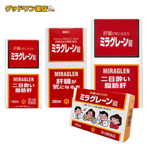 商品説明商品名ミラグレーン錠 商品説明 肝機能をサポートする有効成分を豊富に配合！ ●二日酔い対策の他、流行性肝炎・脂肪肝・肝硬変症・黄疸のほか、アルコール中毒・薬物中毒・自家中毒といった、肝機能を改善する作用がございます。 ●ミラグレーン錠は、漢薬成分ゴオウ、含硫アミノ酸成分メチオニン・タウリン、グルクロノラクトン、イノシトール、肝臓加水分解物などの6種の強肝成分、体内の新陳代謝を高め、肝臓の負担を助ける各種ビタミン群を配合した製剤です。 ●肝臓の気になる人や日頃よくアルコールを飲まれる人におすすめいたします。 効能・効果 二日酔、流行性肝炎、脂肪肝、肝硬変症、黄疸、アルコール中毒、薬物中毒、自家中毒 用法 用量 次の1回量を1日3回、食後に服用してください。 成人（15歳以上）：2錠 7歳以上15歳未満：1錠 7歳未満：服用しないこと 成分 6錠（成人1日服用量）中 タウリン　90mg DL-メチオニン　300mg グルクロノラクトン　60mg イノシトール　30mg 肝臓加水分解物　90mg ゴオウ　0.9mg トコフェロール酢酸エステル（V.E）　3mg ルチン　30mg 葉酸　0.3mg シアノコバラミン（V.B12）　6μg チアミン硝化物（V.B1）　30mg リボフラビン（V.B2）　6mg ※添加物として、乳糖、ポビドン、メタケイ酸アルミン酸Mg、カルメロースCa、ステアリン酸Mg、白糖、硫酸Ca、タルク、アラビアゴム、ゼラチン、酸化チタン、ヒプロメロース、マクロゴール、カルナウバロウ、黄色4号（タートラジン）、黄色5号を含有します。 使用上の注意 【相談すること】 1.次の人は服用前に医師，薬剤師又は登録販売者に相談すること (1)医師の治療を受けている人。 (2)薬などによりアレルギー症状を起こしたことがある人。 2.服用後，次の症状があらわれた場合は副作用の可能性があるので，直ちに服用を中止し，この文書を持って医師，薬剤師又は登録販売者に相談すること。 〔関係部位〕 〔症 状〕 皮 膚 : 発疹・発赤，かゆみ 消 化 器 : 吐き気・嘔吐，胃部不快感，便秘，下痢 3.しばらく服用しても症状がよくならない場合は服用を中止し，この文書を持って医師，薬剤師又は登録販売者に相談すること。 保管及び取扱い上の注意 (1)直射日光の当たらない湿気の少ない涼しい所に密栓して保管してください。 (2)小児の手のとどかない所に保管してください。 (3)他の容器に入れ替えないでください(誤用の原因になったり品質が変わることがあります)。 (4)本剤をぬれた手で扱わないでください(変色したり品質が変わることがあります)。 (5)ビンの中のつめ物を取り除いたのちは，落下等の衝撃で本剤に破損(表面の欠け)が生じることがありますので，取扱いには注意してください。なお，開封時に，肝臓加水分解物の特有なにおいを感じることがあります。 (6)使用期限(外箱に記載)をすぎた製品は服用しないでください。 区分 日本製・第3類医薬品 製造・販売会社 発売元:日邦薬品工業株式会社 東京都渋谷区代々木3-46-16 製造販売元:福井製薬株式会社 大阪市城東区今福東3丁目1番26号 お問い合わせ先 日邦薬品工業株式会社お客様相談室 03-3370-7174(代表) 9:00－17:00（土日、祝日を除く） 広告文責ナンバーワン布施薬店06-6724-0840