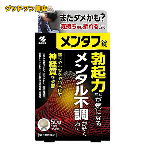 商品説明商品名 メンタフ商品説明 勃起力などが気になるメンタル不調が続く方に焦りや不安をやわらげて神経質を改善 ●勃起力などが気になり、プレッシャーなどのメンタル不調を感じる方の漢方薬です ●漢方処方「桂枝加竜骨牡蠣湯」（けいしかりゅうこつぼれいとう）が、自律神経を整えながら心身のリラックスを促し、勃起力の低下などを伴う神経質症状を改善します ●早朝の勃起などが、効き目※のサインとして感じられます ※神経質に対する効果 効果・効能 体力中等度以下で、疲れやすく、神経過敏で、興奮しやすいものの次の諸症:神経質、不眠症、小児夜泣き、夜尿症、眼精疲労、神経症 用法 用量 次の量を食前又は食間に水又はお湯で服用してください 年 齢 / 1回量 / 服用回数 大人(15才以上) / 5錠 / 1日2回 7才以上15才未満 / 4錠 / 1日2回 7才未満 / × 服用しないこと ●食間とは「食事と食事の間」を意味し、食後約2~3時間のことをいいます ・用法・用量に関連する注意 (1)定められた用法・用量を厳守すること (2)小児に服用させる場合には、保護者の指導監督のもとに服用させること 成分 1日量(10錠)中 桂枝加竜骨牡蠣湯エキス 2.3g ケイヒ 2.0g、シャクヤク 2.0g、タイソウ 2.0g、 ショウキョウ 0.5g、カンゾウ 1.0g、リュウコツ 1.5g、 ボレイ 1.5g より抽出 (添加物:無水ケイ酸を含む) 添加物として、無水ケイ酸、ケイ酸Al、CMC-Ca、ステアリン酸Mg、乳糖を含有する 注意事項・相談すること ●相談すること 1.次の人は服用前に医師、薬剤師又は登録販売者に相談すること (1)医師の治療を受けている人 (2)妊婦又は妊娠していると思われる人 (3)高齢者 (4)今までに薬などにより発疹・発赤、かゆみ等を起こしたことがある人 (5)次の症状のある人:むくみ (6)次の診断を受けた人:高血圧、心臓病、腎臓病 2.服用後、次の症状があらわれた場合は副作用の可能性があるので、直ちに服用を中止し、このパウチを持って医師、薬剤師又は登録販売者に相談すること 関係部位 / 症状 皮ふ / 発疹・発赤、かゆみ まれに下記の重篤な症状が起こることがある。その場合は直ちに医師の診療を受けること 症状の名称 / 症状 偽アルドステロン症、ミオパチー / 手足のだるさ、しびれ、つっぱり感やこわばりに加えて、脱力感、筋肉痛があらわれ、徐々に強くなる 3.1ヶ月位(小児夜泣きに服用する場合には1週間位)服用しても症状がよくならない場合は服用を中止し、このパウチを持って医師、薬剤師又は登録販売者に相談すること 4.長期連用する場合には、医師、薬剤師又は登録販売者に相談すること 保管及び取扱い上の注意 (1)直射日光の当たらない湿気の少ない涼しい所にチャックをしっかりしめて保管すること (2)小児の手の届かない所に保管すること (3)他の容器に入れ替えないこと(誤用の原因になったり品質が変わる) (4)本剤をぬれた手で扱わないこと 区分 日本製・第2類医薬品 製造・販売元 発売元 小林製薬株式会社 〒541-0045 大阪市中央区道修町4-4-10 製造販売元 小林製薬株式会社 〒567-0057 大阪府茨木市豊川1-30-3 お問い合わせ先 小林製薬 お客様相談室 0120-5884-01 9:00~17:00(土・日・祝日を除く) 広告文責 ナンバーワン布施薬店06-6724-0840