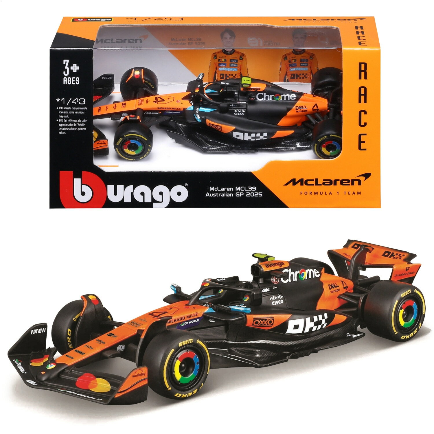 F1 ミニカー 1/43 Bburago 2025 マクラーレン・フォーミュラ1チーム MCL39 #4 ランド・ノリス（ドライバーなし）／ ダイキャスト ダイカスト モデルカー 完成品 ブラーゴ ブラゴ ブラゴー レーシングカー コレクション インテリア プレゼント スケールモデル ディスプレイ
