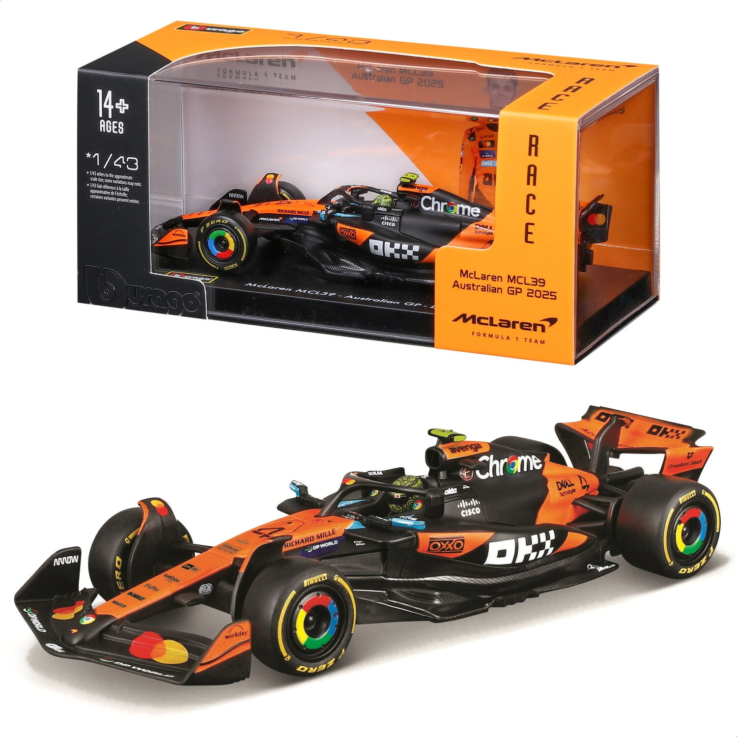 F1 ミニカー 1/43 Bburago 2025 マクラーレン・フォーミュラ1チーム MCL39 #4 ランド・ノリス（ドライバー付き）／ ダイキャスト ダイ...
