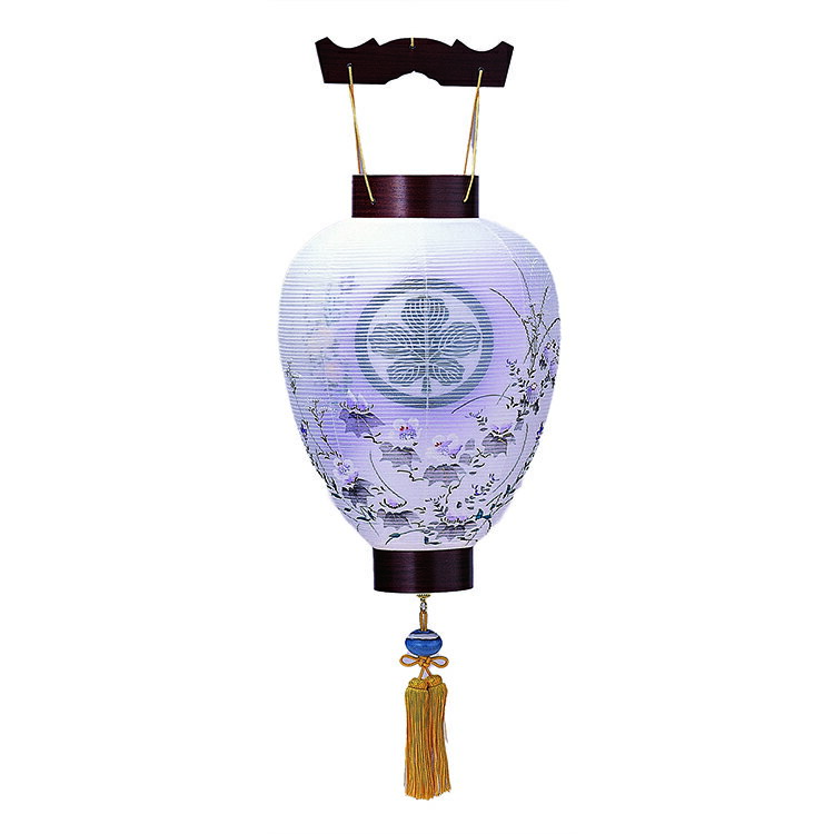 【お盆提灯　盆提灯　盆ちょうちん】【吊り提灯】家紋岐阜提灯「絹二重天上嵯峨野紫檀」【80時間電池付】【盆提灯】