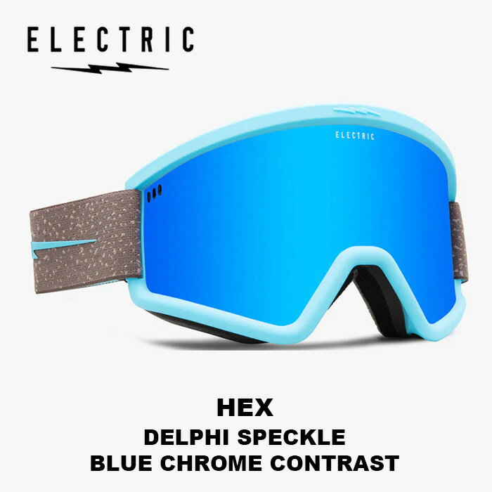 MODEL : HEX DELPHI SPECKLE LENS : BLUE CHROME CONTRAS (VLT23%) ・HEX（Lightweight Retro Future） HEXは22-23よりラインナップに加わったELECTRICが過去に販売してきたゴーグルデザインを参考に作られたモデル。肉厚フレームが現在トレンドの90年代にベストマッチ。 ・コントラストレンズ 光の波長と量を調整し滑走面の凸凹がはっきりと見え強い直射日光を和らげユーザーに快適かつ安心な見やすさを提供します。 ・THERMOFORMED LENSES THEMOFORMED LENSは柔軟性に長けた熱成型シートレンズを使用。フレームの柔軟性と組み合わせる事によりELECTRICの特徴でもある最高のフィット感を実現します。 ・アジアンフィット ・高性能反射防止コーティング ・高性能防曇、キズ防止コーティング ・100％UVカット ・TPU軽量フレーム ・三層構造フェイスフォーム ・ヘルメット対応 ・メガネの上からでも装着可能 ・ミディアム/ラージフィット ・95mm H x 175mm W x 85mm D ・Weight: 125g ※ご注意※ ・製造過程で細かいキズがつくことがあります。ご了承ください。 ・実店舗と在庫を共有しているため、タイミングによって完売となる場合がございます。 ・モニターの発色によって色が異なって見える場合がございます。 【返品交換不可商品】