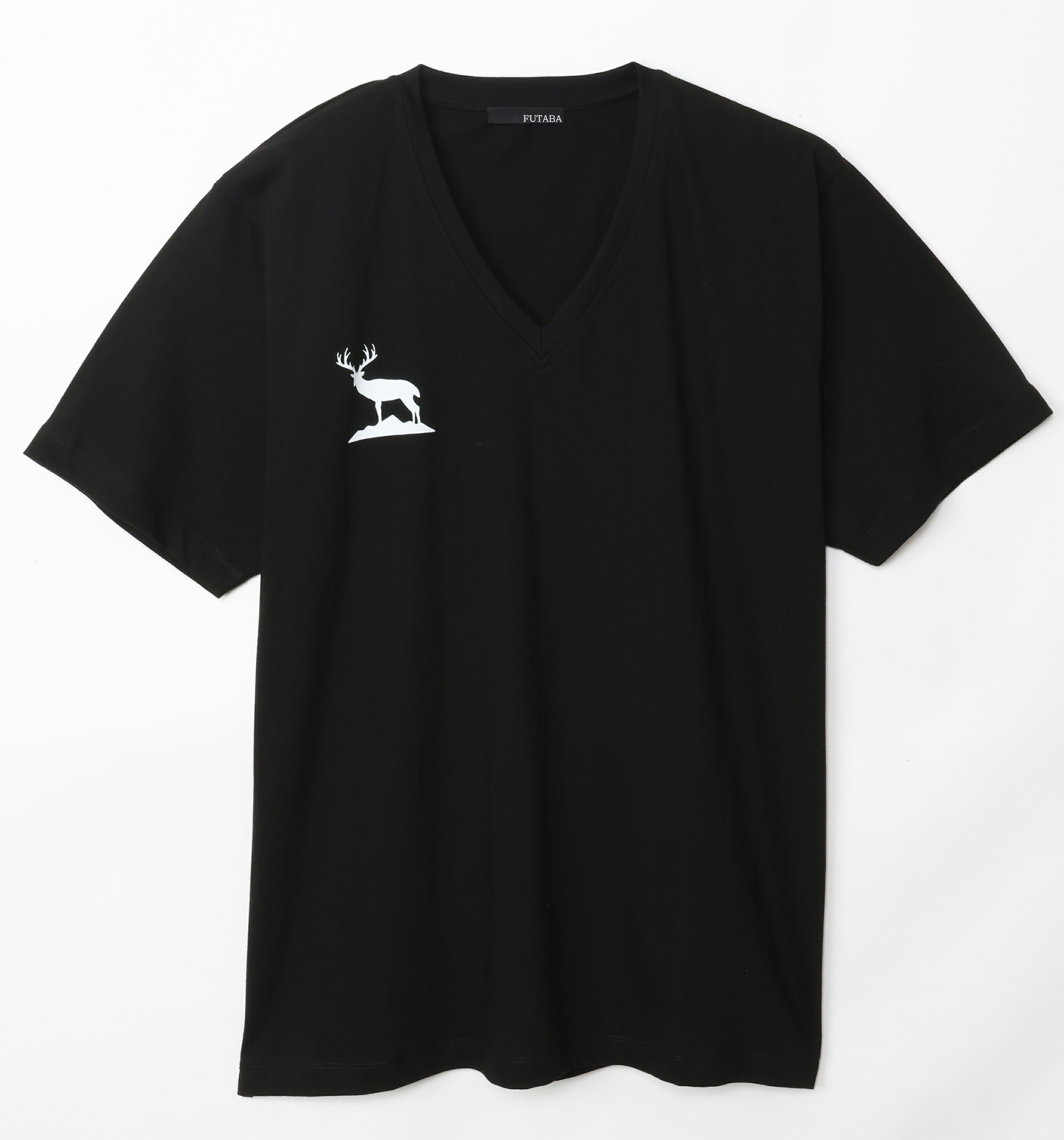 Rakuten - FUTABA Design　Vネック 　半袖　カットソー　Tシャツ　XL　黒　ブラック 文字白　　鹿　鹿ロゴ　オリジナル