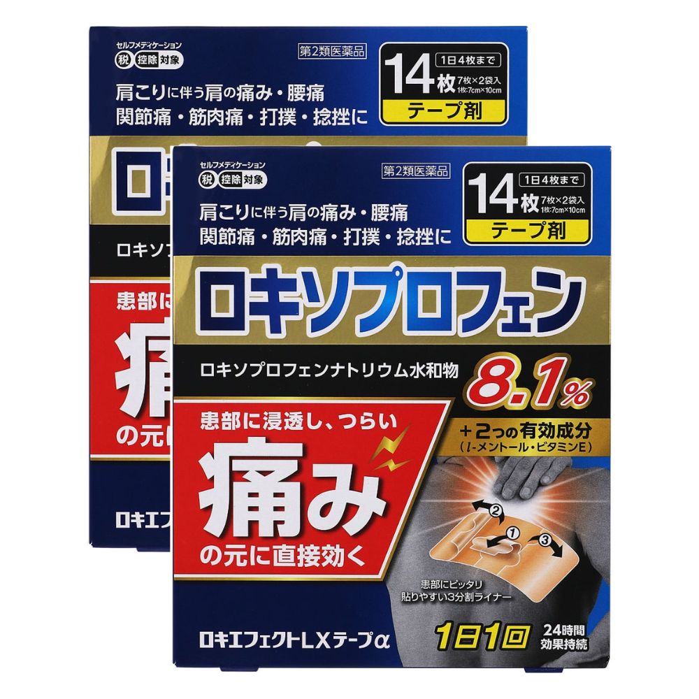 ●商品紹介 ・すぐれた鎮痛消炎効果のあるロキソプロフェンナトリウム水和物を8.1％配合。 ・ロキソプロフェンナトリウム水和物が皮膚から吸収され、変化した活性体が直接痛みに効きます。 ●使用上の注意 ■■してはいけないこと■■ 守らないと現在の症状が悪化したり、副作用が起こりやすくなります） 1．次の人は使用しないでください 　（1）本剤又は本剤の成分によりアレルギー症状を起こしたことがある人。 　（2）本剤又は他の解熱鎮痛薬、かぜ薬、外用鎮痛消炎薬を使用してぜんそくを起こしたことがある人。 　（3）15歳未満の小児。 2．次の部位には使用しないでください 　（1）目の周囲、粘膜等。 　（2）しっしん、かぶれ、傷口。 　（3）みずむし・たむし等又は化膿している患部。 3．本剤を使用している間は、他の外用鎮痛消炎薬を使用しないでください 4．連続して2週間以上使用しないでください（本剤は痛みを一時的におさえるものです。痛み等の症状が継続する場合には、使用を中止し、医師の診療を受けてください） 相談すること 1．次の人は使用前に医師、薬剤師又は登録販売者に相談してください 　（1）医師の治療を受けている人。 　（2）薬などによりアレルギー症状を起こしたことがある人。 　（3）妊婦又は妊娠していると思われる人。 　（4）高齢者 　（5）次の診断を受けた人 　　　気管支ぜんそく 2．使用後、次の症状があらわれた場合は副作用の可能性がありますので、直ちに使用を中止し、この説明書を持って医師、薬剤師又は登録販売者に相談してください ［関係部位：症状］ 皮膚：発疹・発赤、かゆみ、はれ、ヒリヒリ感、かぶれ、水疱、青あざができる、色素沈着 消化器：胃部不快感、みぞおちの痛み その他：むくみ まれに下記の重篤な症状が起こることがあります。その場合は直ちに医師の診療を受けてください。 ［症状の名称：症状］ ショック（アナフィラキシー）：使用後すぐに、皮膚のかゆみ、じんましん、声のかすれ、くしゃみ、のどのかゆみ、息苦しさ、動悸、意識の混濁等があらわれます。 3．使用後、次の症状があらわれることがありますので、このような症状の持続又は増強が見られた場合には、使用を中止し、この説明書を持って医師、薬剤師又は登録販売者に相談してください 　　下痢・軟便 4．5〜6日間使用しても症状がよくならない場合は使用を中止し、この説明書を持って医師、薬剤師又は登録販売者に相談してください（他の疾患の可能性があります） ●効能・効果 関節痛、肩こりに伴う肩の痛み、筋肉痛、腰痛、打撲、捻挫、腱鞘炎（手・手首の痛み）、肘の痛み（テニス肘など） ●用法・用量 表面のライナーをはがし、1日1回患部に貼付してください。 ＜用法・用量に関連する注意＞ 1）用法・用量を厳守してください。 （2）本剤は、痛みやはれなどの原因になっている病気を治療するのではなく、痛みやはれなどの症状のみを治療する薬剤ですので、症状がある場合だけ使用してください。 （3）1日あたり4枚を超えて使用しないでください。 （4）汗をかいたり、患部がぬれている時は、よく拭きとってから使用してください。 （5）皮膚の弱い人は、使用前に腕の内側の皮膚の弱い箇所に、1〜2cm角の小片を目安として半日以上貼り、発疹・発赤、かゆみ、かぶれ等の症状が起きないことを確かめてから使用してください。 ●成分・分量 膏体100g中に次の成分を含んでいます。 成分・・・分量 ロキソプロフェンナトリウム水和物（無水物として7.14g）・・・8.1g l-メントール・・・3.5g トコフェロール酢酸エステル・・・2.3g 添加物として脂環族飽和炭化水素樹脂、水添ロジングリセリンエステル、スチレン・イソプレン・スチレンブロック共重合体、ポリイソブチレン、流動パラフィン、その他1成分 ●保管及び取扱い上の注意 （1）直射日光の当たらない湿気の少ない涼しい所に保管してください。 （2）小児の手の届かない所に保管してください。 （3）他の容器に入れかえないでください。（誤用の原因になったり品質が変わります） （4）品質保持のため、未使用分は袋に入れ、開封口のチャックを閉めて保管してください。 （5）使用期限を過ぎた製品は使用しないでください。また、使用期限内であっても、開封後はなるべくすみやかに使用してください。 ●お問い合わせ先 株式会社大石膏盛堂 電話：（0942）83-2112 受付時間：午前9：00〜午後5：00（土、日、祝日を除く） 製造販売元 株式会社大石膏盛堂 住所：佐賀県鳥栖市本町1丁目933番地 【区分】 日本製・第2類医薬品 広告文責：株式会社フタバ薬局 広告文責：株式会社フタバ薬局 電話：03-5724-3767