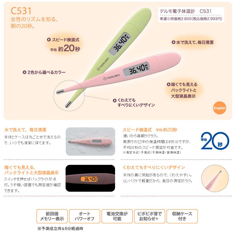 おくすり奉行28のテルモ 電子体温計 C531 WOMAN℃ （ウーマンドシー）　ライムグリーン＊配送分類:B2｜アングル2