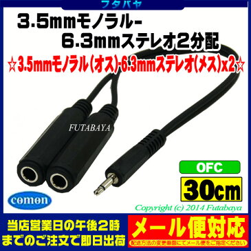 3.5mmモノラル-6.3mmステレオ(メス)変換＆2分配ケーブルCOMON(カモン) 35MM-63SF2【OFC無酸素銅使用】【ケーブル長:30cm】