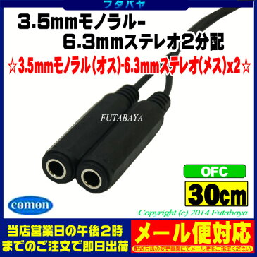 3.5mmモノラル-6.3mmステレオ(メス)変換＆2分配ケーブルCOMON(カモン) 35MM-63SF2【OFC無酸素銅使用】【ケーブル長:30cm】