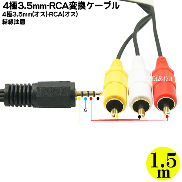 4極3.5mm-RCA変換ケーブル1.5mCTIAタイプ COMON (カモン) CTIA-15 4極3.5mm(オス)-RCA変換(赤・白・黄)(オス) ●4極端子CTIAタイプ ●端子:金メッキ ●長さ：約1.5m ●RCAピンジャック(オス) ●RoHS対策済み