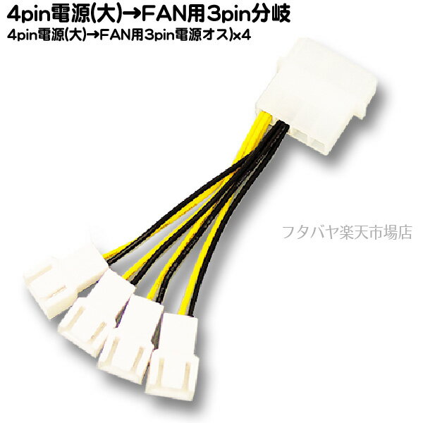 4pin電源(大)→FAN用3pin電源4分岐ケーブルアイネックス(AINEX) CA-864 ●電源4pin(大:オス)→ファン接続用3pin(オス)x4個●ケーブル長:5cm