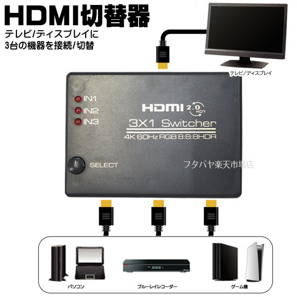 　3台のHDMI機器を任意で切り替えてテレビやプロジェクターで表示可能 　・ゲーム機・ビデオカメラ・デジタルカメラ・DVD・ブルーレイ・スティック型パソコン等3台までのHDMI接続を切り替えてテレビやプロジェクターで再生可能 　・3入力x1出力タイプ 　・コンパクトデザイン 　・4K2K対応 　・接続するだけのカンタン設置 　・リモコンまたはスイッチによる切替 　・電力供給用USBケーブル付属（アダプタは別途ご用意ください) Nintendo Switch(ニンテンドウ スイッチ) PlayStation 4/PlayStation 5 対応 　　※全ての組み合わせで動作を保証するものではございません。. 対応機器は、アイネックス社の環境にて動作確認を行ったものであり、すべての環境での動作を保証するものではありません。. 製品画像の色は実際の製品と異なる場合があります。. 記載されている会社名、製品名は各社の商標または登録商標です。. 製品のデザイン、仕様は改良などにより、予告なしに変更する場合があります。. 商品説明 入力端子 :HDMIタイプA端子 3系統 出力端子 :HDMIタイプA端子 1系統 規格 :HDMI (Deep Color、4K2K対応) 対応信号:480p、720p、1080p、2160p 4K 60p/HDR対応 HDCP2.2対応 外形寸法 :W80×D58×H18(mm) ※本体のみ リモコンx1 リモコン用受信器X1 電源用USBケーブルx1 内容量 1個 端子には数種類の規格がございますのでご購入時にはお使いの製品・サイズ・規格等を確認した上でご購入お願いいたします。 また、機器によりましては相性などにより正常に動作しない場合もございます。 メーカー様の都合にて形状や長さ等が画像と異なる場合がございますがご了承お願いいたします。 不良品以外の返品・交換はお断りさせて頂いております。 保証期間・商品発送後6カ月とさせて頂きます。