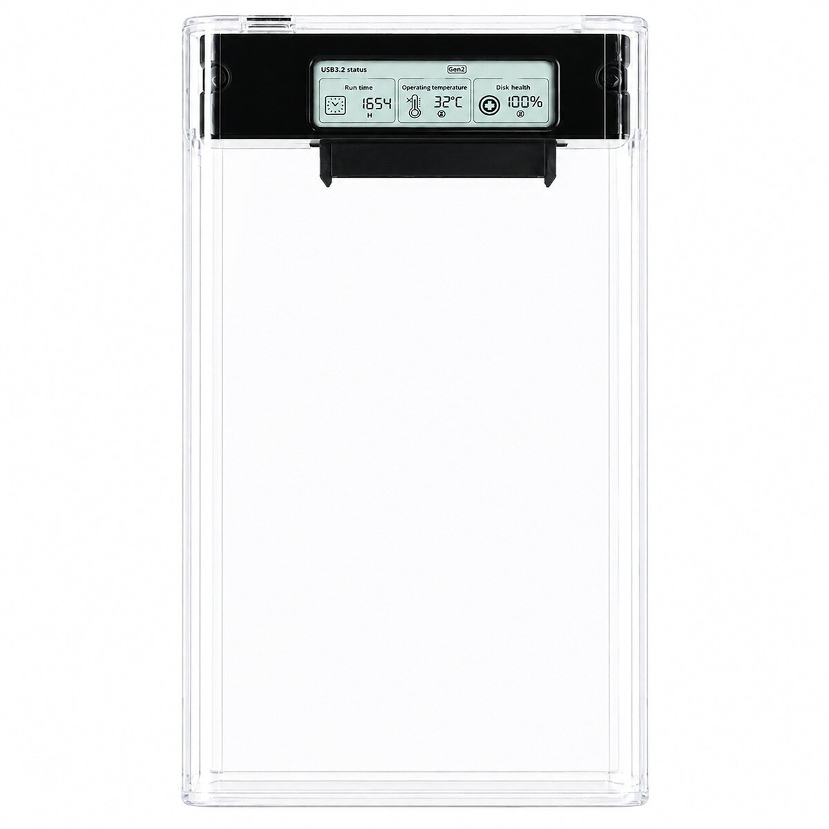 SSD/HDDの使用時間・温度・健康状態を、本体液晶ですぐに確認 2.5インチ SATA SSD/HDDをUSB接続の外付ドライブとして使用できる、液晶ディスプレイ搭載のクリアタイプ外付ケースです。 一般的な2.5インチ外付ケースとの大きな違いは、SSD/HDDが持つS.M.A.R.T.情報を利用して、使用時間・動作温度・健康状態などを本体画面に表示できること。 パソコン上で専用管理ソフトを起動しなくても、本体を見るだけでドライブの状態を確認できます。 余っている2.5インチSSD/HDDの再利用、データ保存、バックアップ用ドライブの作成などにおすすめです。 主な特長 本体液晶で状態確認 SSD/HDDのS.M.A.R.T.情報を利用し、使用時間・動作温度・健康状態などを本体ディスプレイに表示します。 2.5インチ SATA対応 2.5インチ SATA接続のSSDおよびHDDに対応。パソコン交換後などに余ったドライブをUSB外付ドライブとして再利用できます。 USB3.2 Gen1 USB3.2 Gen1に対応し、理論値最大5Gbpsの高速データ転送に対応します。 UASP対応 UASP（USB Attached SCSI Protocol）に対応。対応環境では効率的なデータ転送が可能です。 クリアボディ 透明ケースを採用。内部に取り付けたSSD/HDDを外から確認でき、メカニカルな雰囲気も楽しめます。 軽量設計 本体重量は約56g。データの持ち運びや出張用外付ストレージとしても便利です。 SSD/HDDの健康状態がひと目でわかる 本製品の大きな特長が、本体に搭載された情報表示ディスプレイです。 Run time：ドライブの累積使用時間 Operating temperature：ドライブの動作温度 Disk health：ドライブの健康状態 外付ドライブは、一度ケースへ収納すると内部ドライブの状態を意識せず使用することが多くなります。 本製品なら、本体画面からドライブ情報を確認できるため、SSD/HDDの状態を把握しながら使用できます。 余っている2.5インチSSD/HDDを有効活用 ノートパソコンのSSD換装後に余ったドライブや、保管している2.5インチHDDなどをUSB外付ドライブとして再利用できます。 写真・動画・書類などの保存用、パソコンのバックアップ用、データ移動用ドライブなど、さまざまな用途に使用できます。 対応するのは2.5インチ SATA接続のSSD/HDDです。 M.2 SATA SSDやM.2 NVMe SSDには対応していません。 薄型ドライブにも対応する高さ調整スポンジ付属 2.5インチSSD/HDDは製品によって厚みが異なるため、薄型ドライブを収納した際にケース内部で隙間ができる場合があります。 本製品には高さ調整スポンジが付属。 必要に応じてSSD/HDDのラベル面へ貼り付け、ケース内部との隙間を調整することで、ドライブのガタつきを抑えることができます。 商品仕様 対応ドライブ 2.5インチ SATA SSD / HDD 対応容量 250GB～4TB USB規格 USB3.2 Gen1 最大転送速度 最大5Gbps（理論値） 高速転送 UASP対応 本体USB端子 USB Type-C S.M.A.R.T.情報表示 使用時間・動作温度・健康状態など 対応OS Windows 10 / 11、macOS 本体重量 約56g 付属品 USB接続ケーブル、高さ調整スポンジ メーカー AREA（エアリア） 型番 SD-U25DP1-B ご購入前にご確認ください ・SSD/HDDは付属していません。別途ご用意ください。 ・本製品は2.5インチ SATA SSD/HDD用です。M.2 SATA SSD、M.2 NVMe SSDには対応していません。 ・S.M.A.R.T.情報はすべてのSSD/HDDでの表示を保証するものではありません。 ・表示される情報や内容は、搭載するSSD/HDDによって異なる場合があります。 ・最大5GbpsはUSB3.2 Gen1規格上の理論値です。実際の転送速度はSSD/HDD、パソコン、USBポート、OSなどの使用環境により異なります。 ・高さ調整スポンジは、必要に応じて薄型SSD/HDDのラベル面へ貼り付け、ケース内部との隙間調整に使用してください。 ・重要なデータは本製品だけに保存せず、別の媒体にもバックアップを行ってください。SSD/HDDの健康状態を、本体液晶ですぐに確認できる2.5インチ外付ケース 2.5インチ SATA SSD/HDDをUSB接続の外付ドライブとして使用できるクリアタイプのドライブケースです。 一般的な外付ケースとの大きな違いは、本体に液晶ディスプレイを搭載していること。 SSD/HDDの使用時間・動作温度・健康状態などのS.M.A.R.T.情報を、本体画面から確認できます。 USB3.2 Gen1 最大5Gbps、UASPにも対応。 余っている2.5インチSSD/HDDの再利用や、データ保存・バックアップ用ドライブの作成にもおすすめです。 普通の外付ケースとは違う、本体液晶によるドライブ情報表示 本製品は、2.5インチ SATA SSD/HDDを収納してUSB外付ドライブとして使用できるケースです。 本体前面には液晶画面を搭載。 接続しているSSD/HDDの状態を確認できるため、単なるデータ収納ケースとしてだけでなく、ドライブ管理にも役立ちます。 透明なクリアボディを採用しているため、搭載したSSD/HDDが見えるのも特徴です。 使用時間・温度・健康状態を本体画面でチェック SSD/HDDが持つS.M.A.R.T.情報を利用し、ドライブの状態を本体液晶に表示します。 Run time：ドライブの累積使用時間 Operating temperature：現在の動作温度 Disk health：ドライブの健康状態 パソコン上で専用管理ソフトを起動しなくても、本体を見るだけでドライブの状態を確認できます。 ドライブの状態確認を、もっと身近に 外付ドライブはデータ保存やバックアップなどで長期間使用することがあります。 本製品なら、ドライブの使用時間や温度、健康状態をケース本体から確認できるため、SSD/HDDの状態を意識しながら使用できます。 ※S.M.A.R.T.情報は、すべてのSSD/HDDでの表示を保証するものではありません。 ※表示される情報は搭載するSSD/HDDによって異なる場合があります。 2.5インチ SATA SSD/HDDに対応 パソコン交換後に余ったSSDやHDDなど、2.5インチ SATA接続のドライブを外付ドライブとして再利用できます。 SSD・HDDの両方に対応し、ドライブを本体内部のSATAコネクタへ接続して収納します。 薄型ドライブを使用した際にケース内部でガタつきが発生する場合は、付属の高さ調整スポンジをSSD/HDDのラベル面へ貼り付け、ケース内部との隙間を調整できます。 USB3.2 Gen1 ＋ UASP対応 USB3.2 Gen1に対応し、理論値最大5Gbpsの高速データ転送に対応します。 さらにUASP（USB Attached SCSI Protocol）にも対応。 大量の写真や動画、バックアップデータなどの転送にも適しています。 REALTEK製コントローラーを搭載し、USB外付ドライブとして快適なデータ転送をサポートします。 ※5GbpsはUSB3.2 Gen1規格上の理論値です。実際の転送速度は、搭載するSSD/HDD、USBポート、パソコン、ケーブル、OSなどの使用環境によって異なります。 対応ドライブを購入前にご確認ください 本製品が対応するのは、2.5インチ SATA接続のSSD/HDDです。 対応容量は250GB～4TB。 Windows 10 / 11、macOSに対応しています。 本体側のUSB端子にはUSB Type-Cを採用しています。 M.2 SATA SSDやM.2 NVMe SSDには対応していません。 外観が異なるM.2 SSDとは互換性がありませんので、購入前にお使いのドライブ形状と接続規格をご確認ください。 約56gの軽量クリアボディ 本体重量は約56g。 クリア素材を採用した軽量な外付ケースなので、ノートパソコンと一緒に持ち運ぶ用途にも便利です。 仕事先へのデータ持ち運び、出張時の外付ストレージ、バックアップドライブなど、さまざまな場面で使用できます。 使用後はUSBケーブルを取り外し、ケース本体だけをバッグなどへコンパクトに収納できます。 商品パッケージ・セット内容 セット内容 ・SD-U25DP1-B 本体 ・USB接続ケーブル ・高さ調整スポンジ SSD/HDDを収納するためのケース本体に加え、パソコンとの接続に使用するUSBケーブルと、薄型ドライブ装着時のガタつきを抑える高さ調整スポンジが付属します。 ※SSD/HDDは付属していません。別途ご用意ください。 商品仕様 対応ドライブ 2.5インチ SATA SSD / HDD 対応容量 250GB～4TB USB規格 USB3.2 Gen1 最大転送速度 最大5Gbps（理論値） 高速転送 UASP対応 本体接続端子 USB Type-C S.M.A.R.T.表示 使用時間・動作温度・健康状態など 対応OS Windows 10 / 11、macOS 本体重量 約56g 付属品 USB接続ケーブル、高さ調整スポンジ メーカー AREA（エアリア） 型番 SD-U25DP1-B ご購入前の注意事項 ・SSD/HDDは付属していません。 ・2.5インチ SATA SSD/HDD専用です。M.2 SSDには対応していません。 ・S.M.A.R.T.情報はすべてのSSD/HDDでの表示を保証するものではありません。 ・表示可能な情報は搭載するSSD/HDDによって異なる場合があります。 ・最大5GbpsはUSB3.2 Gen1規格上の理論値です。実際の転送速度は使用環境により異なります。 ・高さ調整スポンジは、必要に応じて薄型SSD/HDDのラベル面へ貼り付け、ケース内部との隙間調整に使用してください。 ・対応容量、OS、接続機器の仕様などをご確認のうえご使用ください。 　