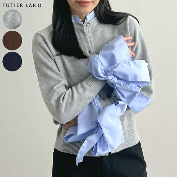 3000円クーポンで4490円★カーディガン レイヤード風 異素材 ウールライク リボン シャツ 上品 きれいめ 大人可愛い カジュアル オフィスカジュアル / ウールライクリボンシャツカーディガン