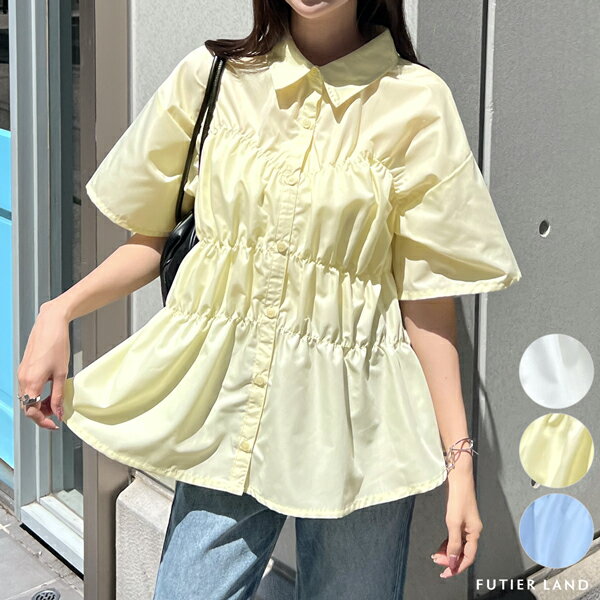 クーポンで最大30％オフ★期間限定SALE！シャツ シャーリング 半袖 ハーフスリーブ 5分袖 ブラウス トップス 大人可愛い フェミニン 上品 カジュアル 韓国ファッション オフィスカジュアル 2025年春新作 YP/ シャーリングハーフスリーブシャツのサムネイル