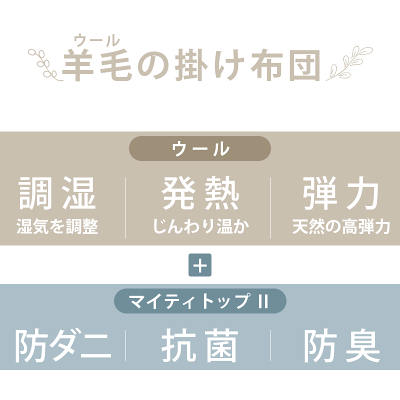 【25日20時〜2H限定クーポンで10%OFF】掛け布団 シングル ダブル 羊毛混 日本製 抗菌 防臭 防ダニ 綿使用 ウール50% 布団 シングルロング ダブルロング ナチュラル 掛けふとん 掛布団 掛ふとん 国産 ウール 羊毛布団 新生活 春 秋 冬 オールシーズン - Image 2