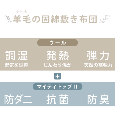 【25日20時〜2H限定クーポンで10%OFF】敷布団 シングル ダブル 敷き布団 国産 日本製 羊毛混 抗菌防臭 防ダニ綿使用 三層式 シングルロング 100×210cm ダブルロング 140×210cm ナチュラル(側生地のみ中国製)布団 - Image 2