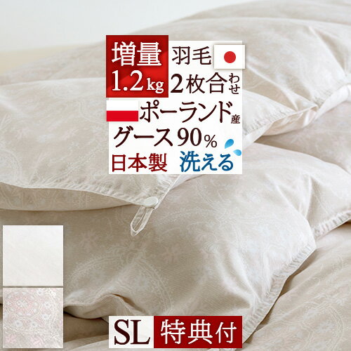 SS★10％引＆最大5 000円引クーポン 洗える 羽毛布団 2枚合わせ シングル グース 増量1.2kg【西川掛布団カバー等特典付】ポーランド産ホワイトグースダウン90% 日本製 ロマンス小杉 肌 合い掛け…