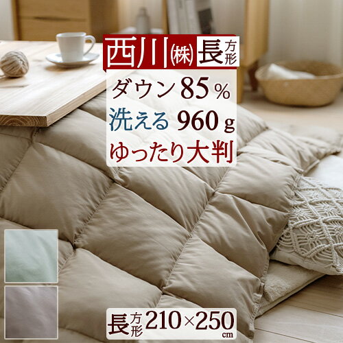 SS★10％引＆最大5,000円引クーポン 西川 羽毛こたつ掛布団 洗える 長方形 210×250cm こたつ布団 ホワイトダウン85％ 0.96kg 抗菌 ウォッシャブル 洗える こたつ掛け布団 大判サイズ 適用天板サイズ80×120cm～90×120cm 炬燵布団 無地 ゆったり