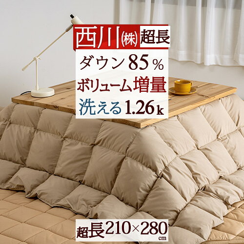 SS★10％引＆最大5,000円引クーポン 西川 羽毛こたつ掛布団 超長方形 210×280cm 洗える こたつ布団 ホワイトダウン85％ 増量1.26kg 抗菌 ウォッシャブル こたつ掛け布団 大判サイズ 適用天板サイズ90×150cm ウォッシャブル 無地 ゆったり 大きい