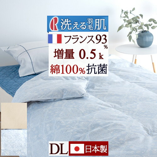 夏 早得★最大5,000円クーポン 羽毛 肌掛け布団 ダブル ダウンケット 日本製 夏用 洗える サラっと快適生地 綿100％ 増量0.5kg フランス産ダウン93 DP400 ダニプルーフ 抗菌防臭 花粉フリー 老舗ロマンス小杉 薄い 丸洗い ウォッシャブル