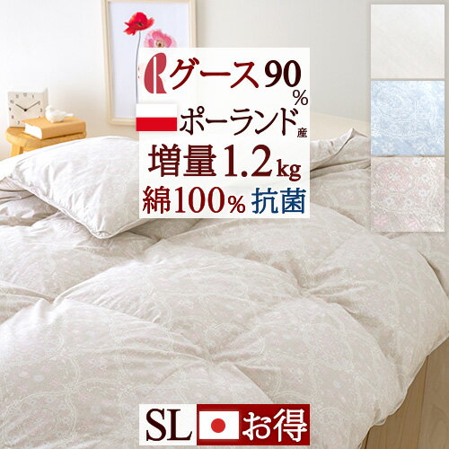 マラソン★最大5,000円クーポン 羽毛布団 シングル グース 【西川掛布団カバー特典付】 増量1.2kg DP370 ポーランド産ホワイトグースダウン90% 綿100% 生地 抗菌 日本製 ロマンス小杉 羽毛ふとん 羽毛 掛け布団 シングルロングサイズ 冬用