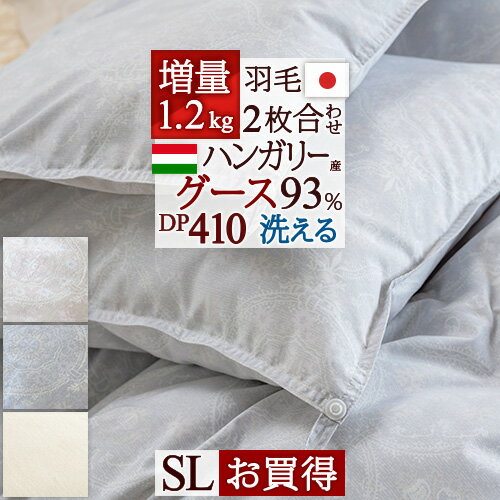 節約大作戦★1,000円クーポン★12/16AM迄 羽毛布団 2枚合わせ シングル グース 洗える 増量1.2kg ハンガリー産グースダウン93% DP410 綿100% 生地 抗菌 花粉ダニ対策 肌 合い掛け 2枚合せ 日本製 ロマンス小杉 オールシーズン 春夏秋冬用 シング