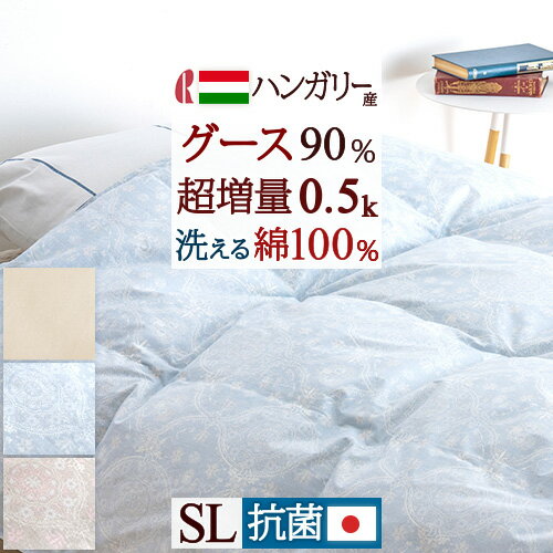 超目玉★15％OFFクーポン 羽毛肌掛け布団 シングル ダウンケット グース 超増量0.5kg 夏用 洗える 綿100%生地 ハンガリー産グースダウン90% 日本製 シングルロングサイズ 羽毛布団 ロマンス小杉…