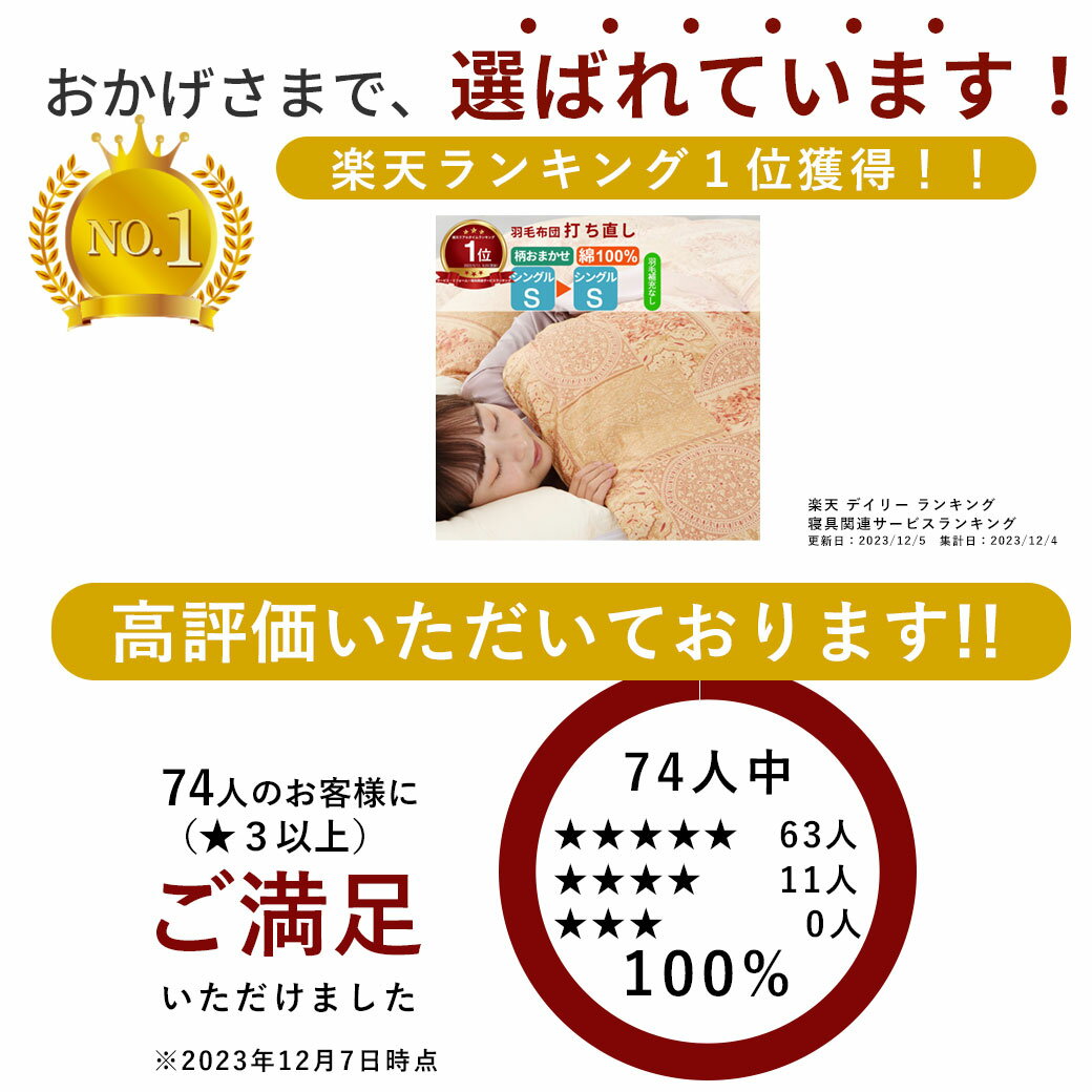 楽天実績1位【最短2週間】 羽毛布団 打ち直し シングル掛け→シングル掛け 補充羽毛なし 【柄おまかせ】 冬用 綿100% l マンション向け リフォーム 羽毛 シングル 羽毛ふとん 掛け布団 クリーニング 羽毛布団リフォーム 羽毛布団打ち直し 布団打ち直し 布団丸洗い