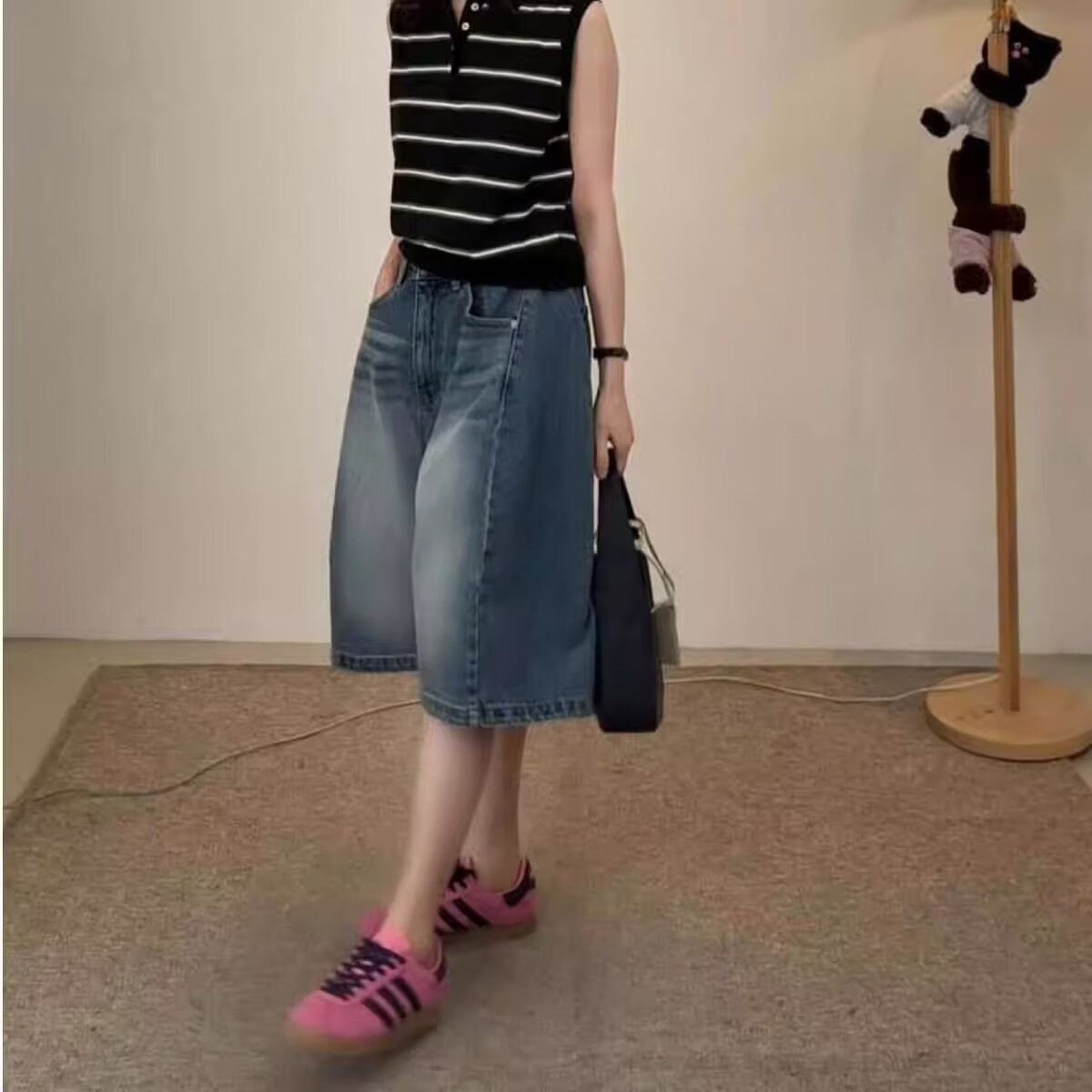 デニムパンツ レディース ハーフパンツ 夏 ハイウエスト ワイドパンツ 5分丈 ジー...