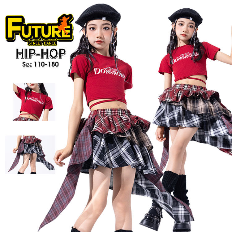 スカート チェック柄 赤 k-pop 衣装 キッズダンス衣装 セットアップ へそ出し トップス 半袖 赤黒 チェック柄 スカート チア 衣装 女の子 チアガール ダンス衣装 キッズ k-pop 衣装 韓国 アイドル 衣装 演出服 原宿系 発表会 hiphop Jazz ダンスウェア ステージ衣装