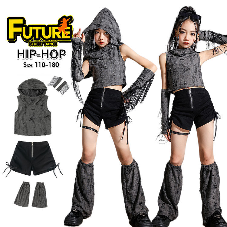 k-pop 衣装 へそ出し トップス ダメージ 袖カバー付き フリンジ フード付き 短パンツ レッグカバー キ..