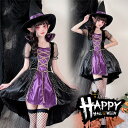 ハロウィーン衣装 レディース ハロウィン 仮装 女の子 魔女 ハロウィン コスプレ ヴァンパイア キャラクター 魔法使い マジック ワンピース パープル 帽子 ...