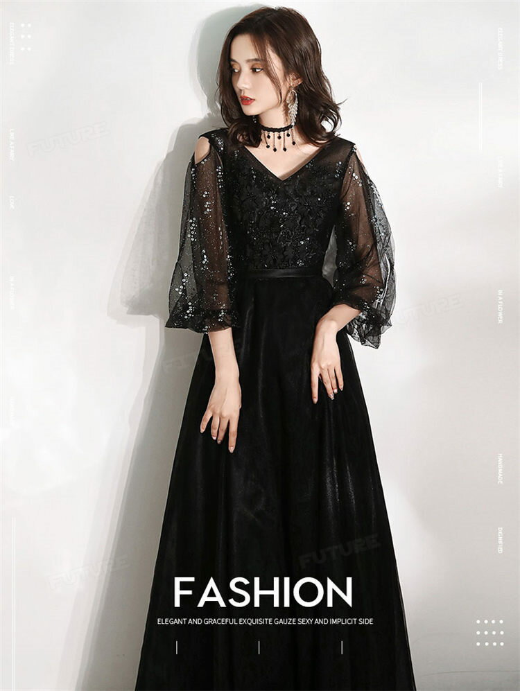 ロングドレス 演奏会 黒 ドレス 大人 ピアノ発表会 ドレス 高校生 中学生 イブニングドレス パーティードレス 韓国 カクテルドレス 七分袖 お呼ばれ ドレス ブライズメイド ドレス 結婚式 二次会 レディース ワンピース 編み上げ マキシ丈 着痩せ お呼ばれ ドレス