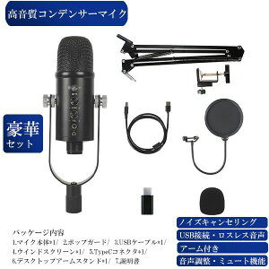 コンデンサーマイク PC 高音質マイク USB ノイズ対策 テレワーク/ライブ配信/録音/レコーディング/ゲーム実況/ZOOM会議 アームタイプ ポップガード付き販売