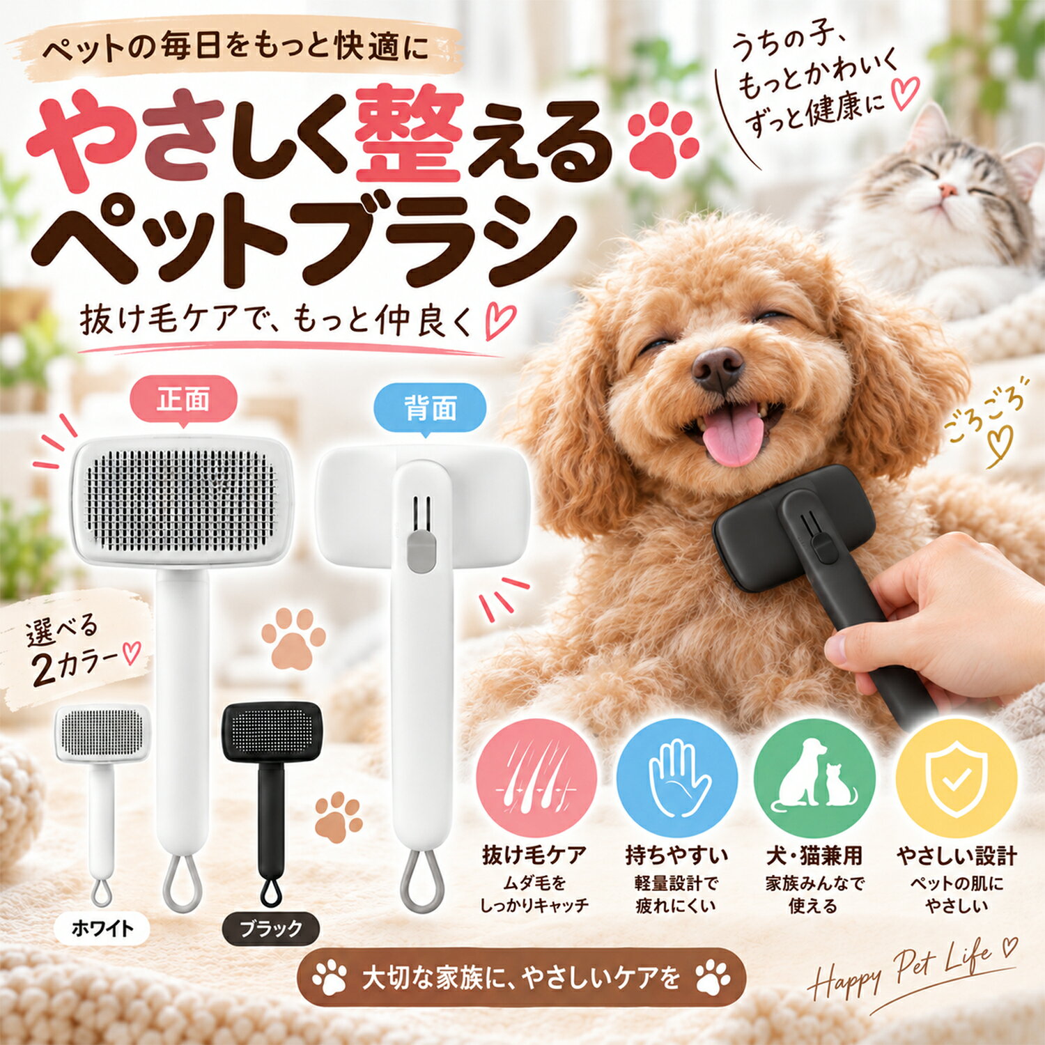 ペット セルフクリーニング スリッカー ブラシ デュアルハイト アジャスタブル ドッグ キャット グルーミング ツール ステンレス スチール ピン 犬猫用 全犬種