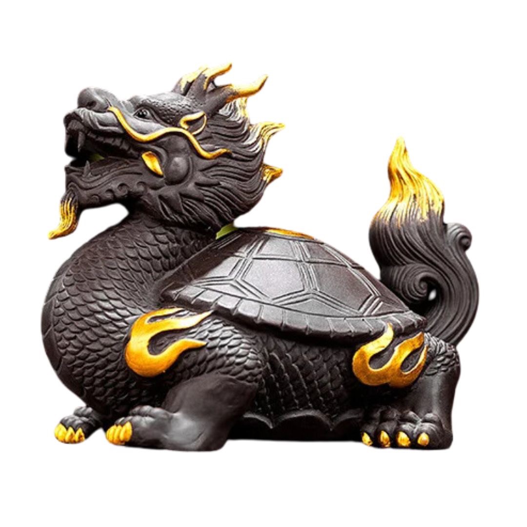 【予約商品】【期間限定DEALポイントバック15%】 風水 龍亀 ロングイ ーVer4ー ブラック 陶器 髭金 天照亀 置物ドラゴン タートル 亀 カメ セラミ...