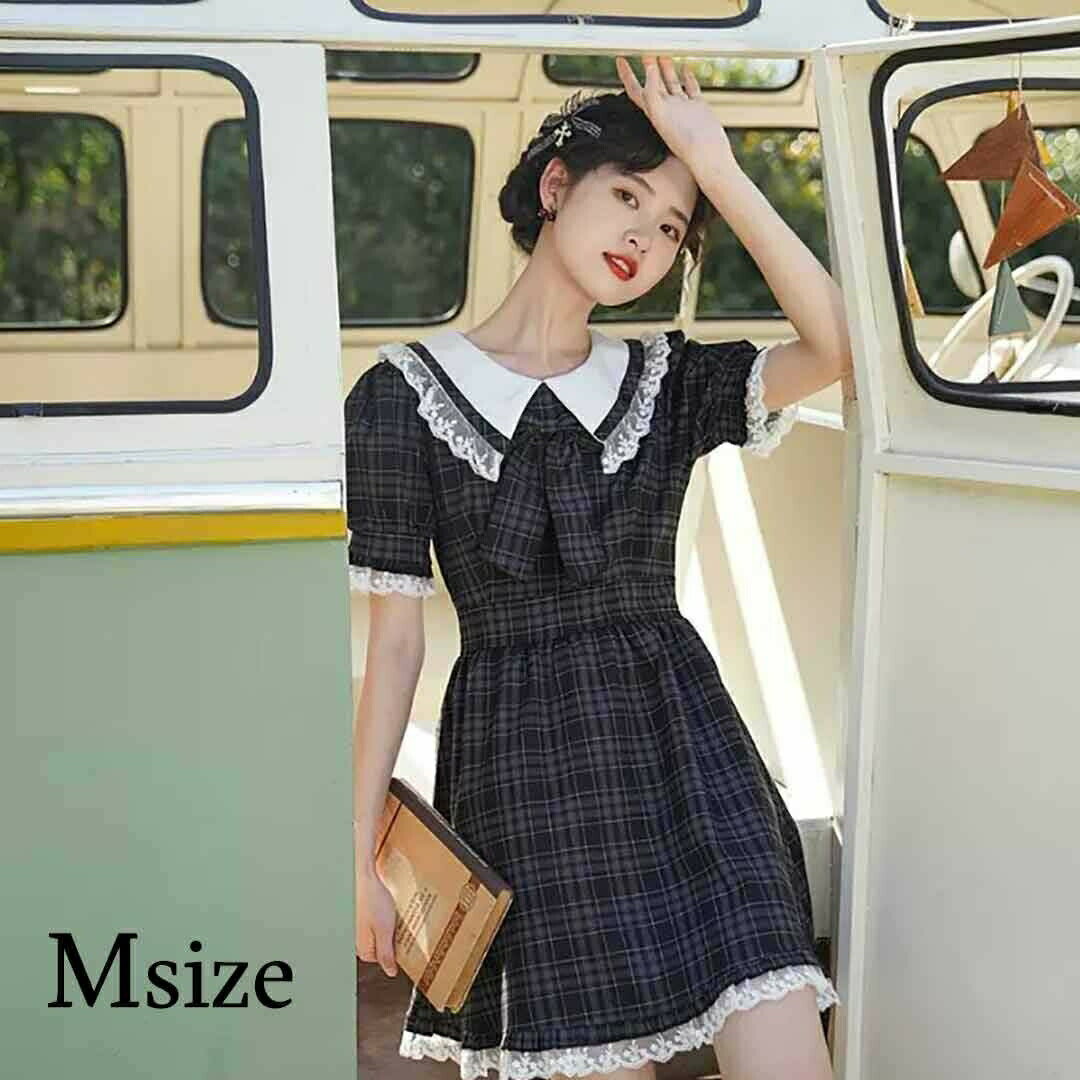 【期間限定DEALポイントバック15%】 ワンピース チェック柄 ブラック 半袖 Mサイズ 伸縮性あり リボン 膝上 ゴスロリ ゴシック ロリータ シスター コ...