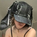 帽子 ロップイヤー デニムキャップ ダメージデニム キャップ ウサギ ウサ耳 レディース ピアス リング チェーン 安全ピン フリーサイズ 調整可能 男女兼用 ...