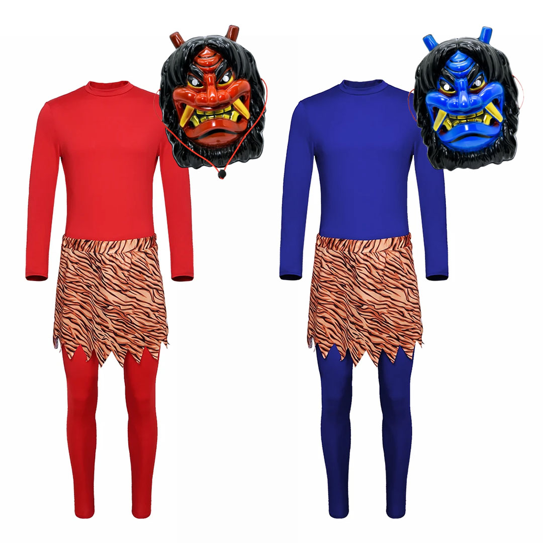 鬼 コスプレ 衣装 上下セット お面付き 全身セット 全2カラー 2サイズ 節分 3点セット 衣装一式 お面 オーバーオール 虎柄パンツ なまはげ せつぶん 鬼...