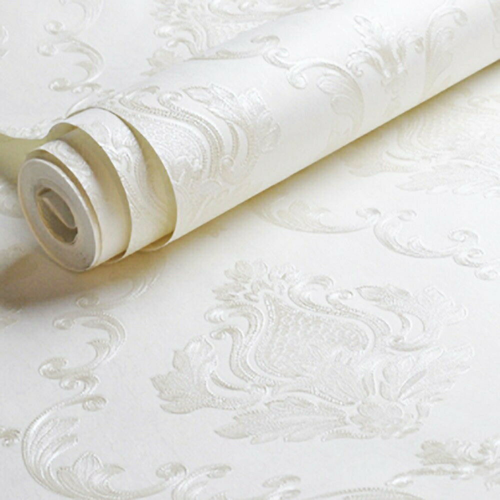 【期間限定DEALポイントバック15％】 壁紙 ダマスク柄 ホワイト 白 damask 53cm×1000cm DIY のりなし かわいい おしゃれ クロス 補修 ラグジュアリー 北欧 賃貸壁紙 背景 プレゼント 贈物 厚手 シンプル ベッドルーム リビング お洒落 防音