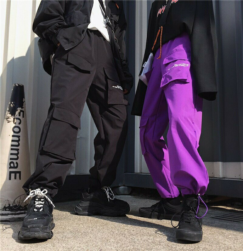 【期間限定DEALポイントバック15％】 【在庫限り】 パープルorブラック カーゴパンツ ワイドパンツ メンズ バルーンパンツ ダンスパンツ ストリート系 ゆったりサイズ チェック柄パンツ 裾絞り ダンス ウエストゴム ウエスト 無地 韓国 ファッション
