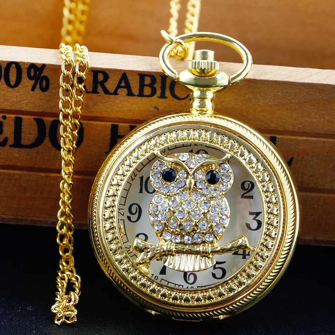 【期間限定DEALポイントバック15%】 懐中時計 木に止まる一羽の梟 ラインストーン ゴールド アンティーク風 チェーン付き 高耐久性 文字盤 メンズ レディ...