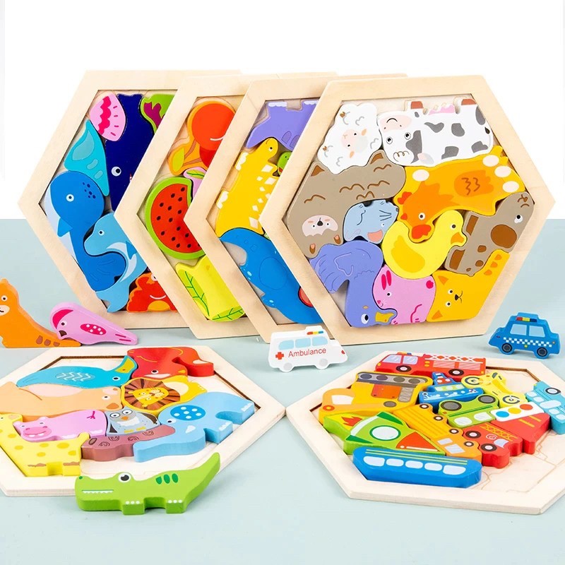 【期間限定DEALポイントバック20％】 【在庫限り】 パズル 木製 玩具 動物or乗り物or恐竜 六角形 知育 幼児 子ども 教育 教材 木のおもちゃ ブロック はめこみ 優しい木 おもちゃ 遊び 知育遊び 知育玩具 学べる 子供 キッズ プレゼント 誕生日 教育のサムネイル