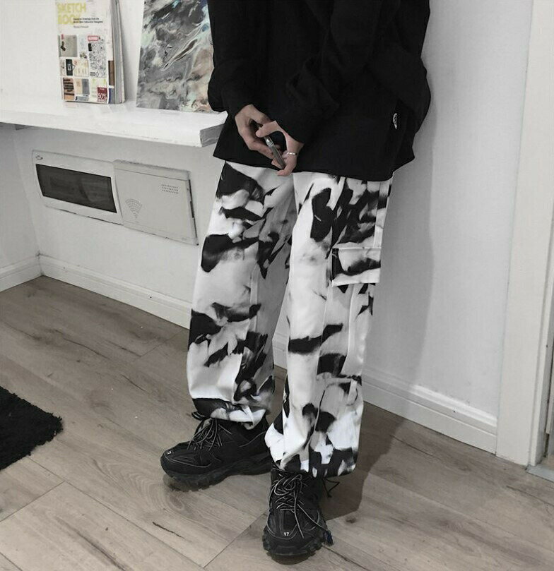 【予約商品】【期間限定DEALポイントバック15％】 カーゴパンツ タイダイ モノクロ 韓国ファッション ダンス衣装 POP ズボン ボトムス メンズ レディース ユニセックス 男女兼用 ファッション ヒップホップ ワイドパンツ ダンス ワイド パンツ ウエストゴム ウエスト