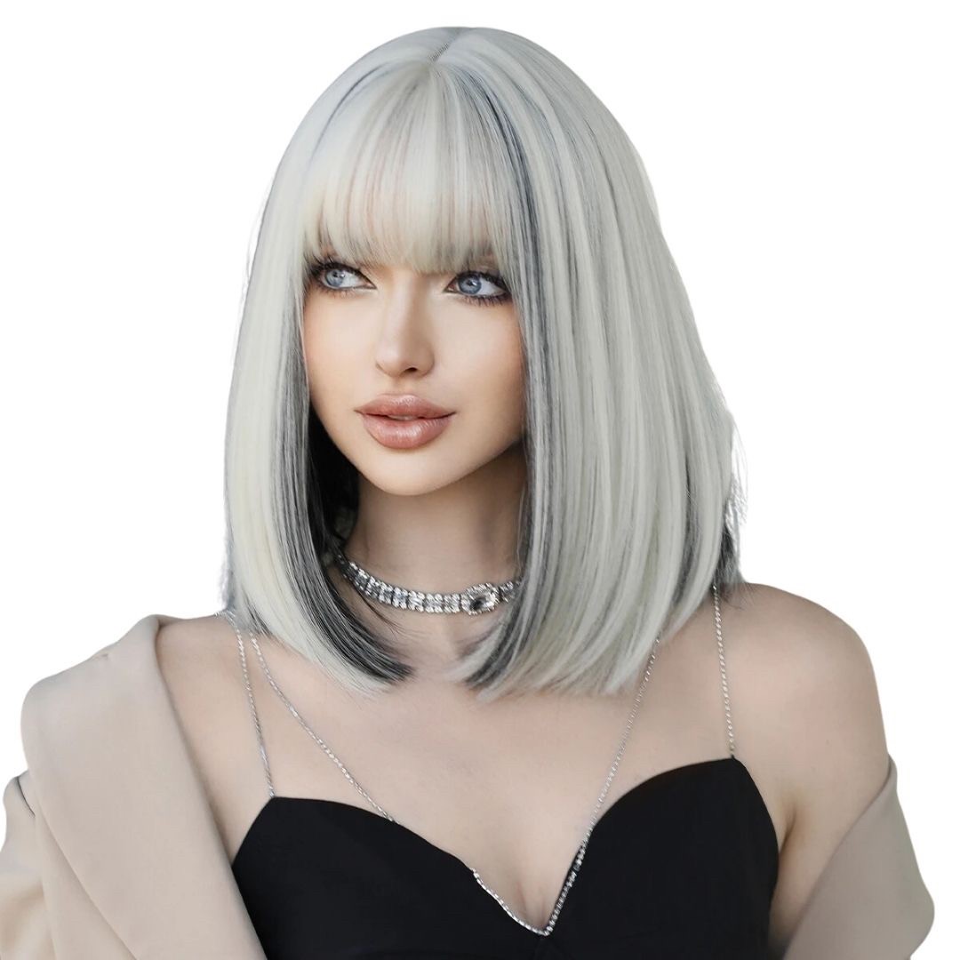 【期間限定DEALポイントバック15%】 ウィッグ ホワイトベージュ 絶世の美女 インナーカラー ブラック ボブ ぱっつん セミロング フルウィッグ ネット付き ヘア ロング 自然 軽量 小顔効果 ナチュラル サラツヤ かわいい 流行り 最新 ベース 病みかわ 夢かわいい