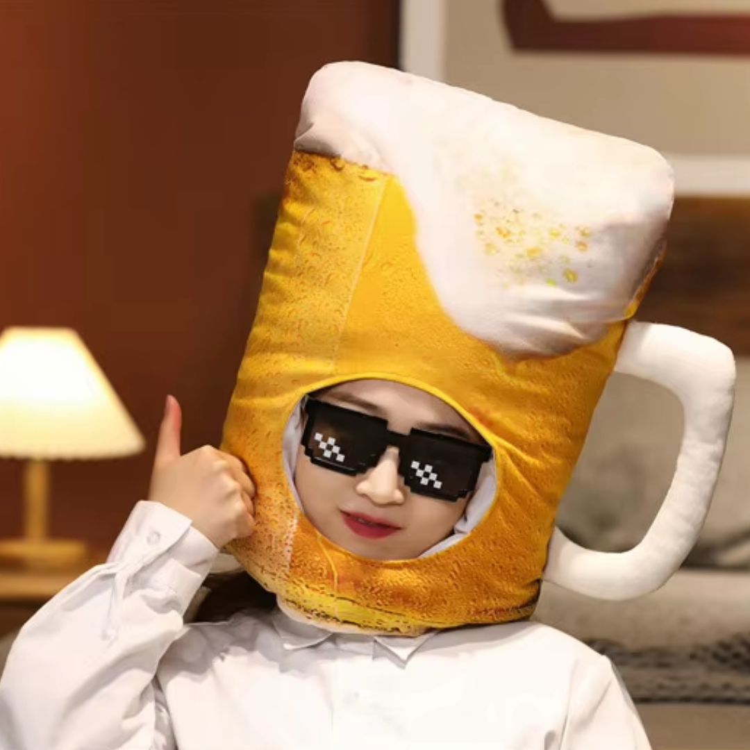 被り物 ビール大好きマスク ビール帽子 Beer 帽子 ビール ビールジョッキ 生ビール かぶりもの もこもこ 柔らかい ぬいぐるみ クッション サプライズ お...