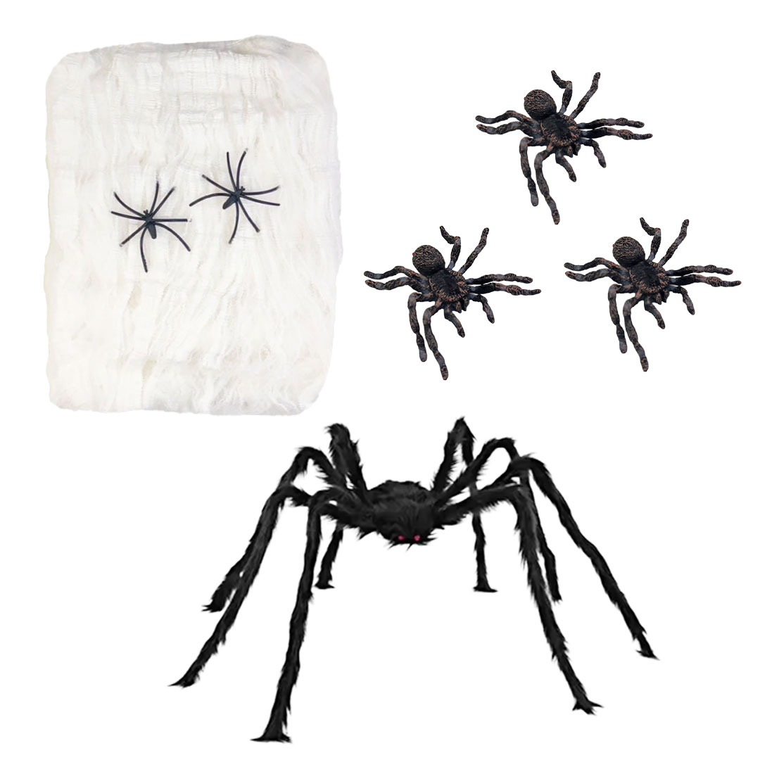 ハロウィン 装飾 スパイダー フルセット ミニ蜘蛛3個&特大蜘蛛1個+くもの巣ホワイト1個 リアルスパイダー スパイダーウェブ 雑貨 ホラー リアル 本格的 飾...