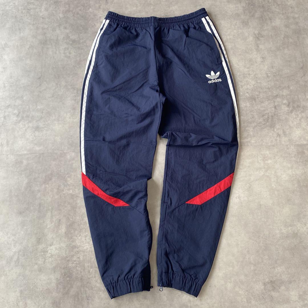 【中古】adidas アディダス トラックパンツ ナイロン 刺繍 L 紺 赤 13588 ユーズド USED 中古 レトロ メンズ レディース 一点物 アメカジ 古着
