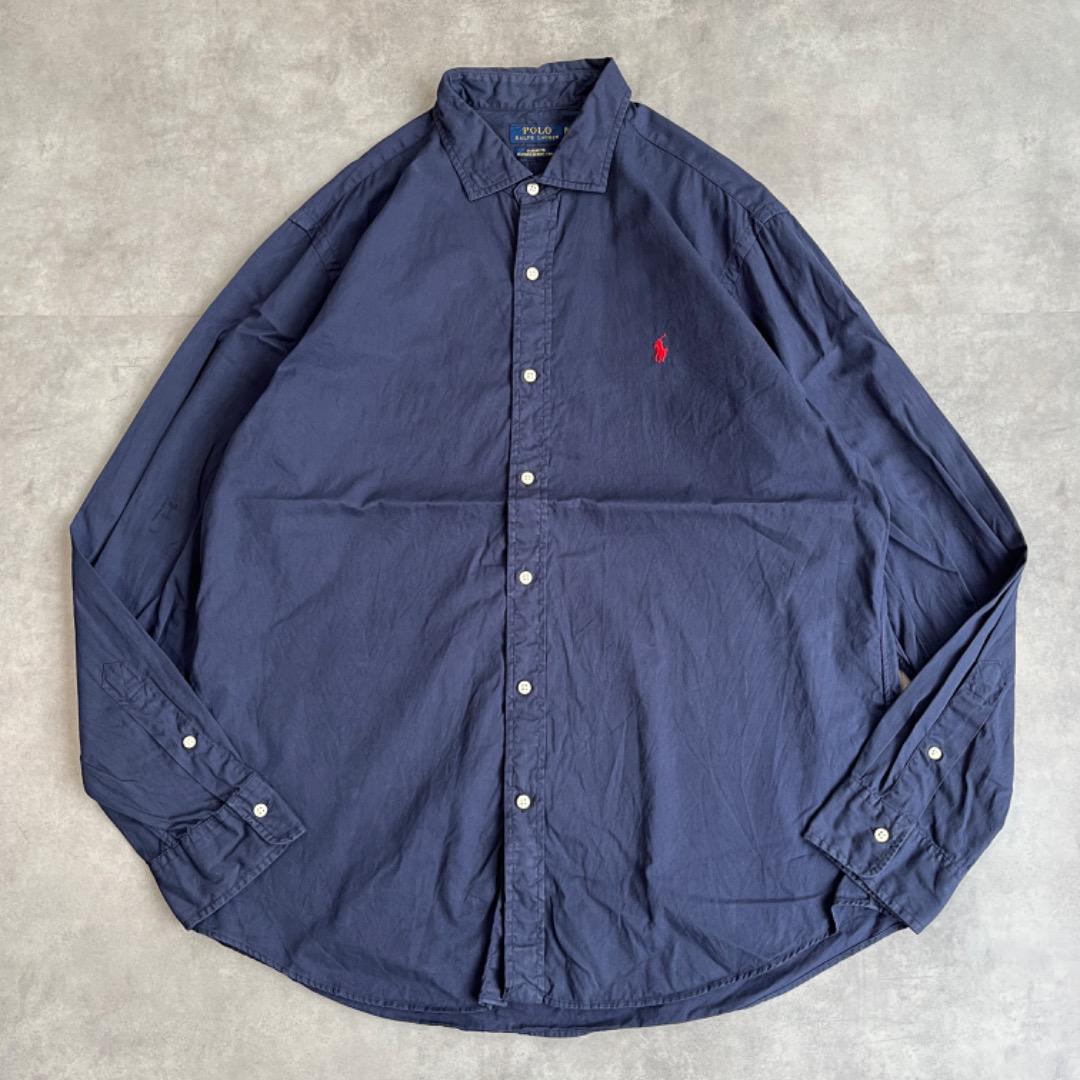 【中古】ポロ ラルフローレン 無地 シャツ ポニー 刺繍 古着 紺 赤 XL 13977 ユーズド USED 中古 レトロ メンズ レディース 一点物 アメカジ 古着